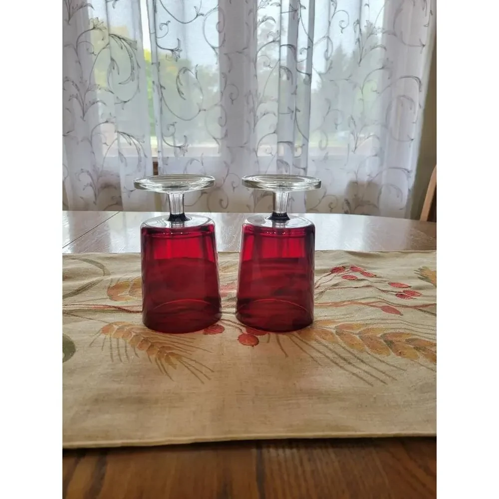 2 Vintage Luminarc Arcoroc Cavalier Ruby Red Glasses Clear Stem Water Goblets